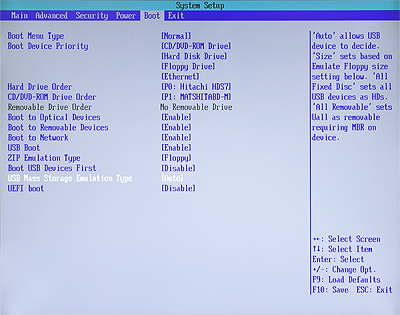 USB Mass Storage Emulation Type 確認画面